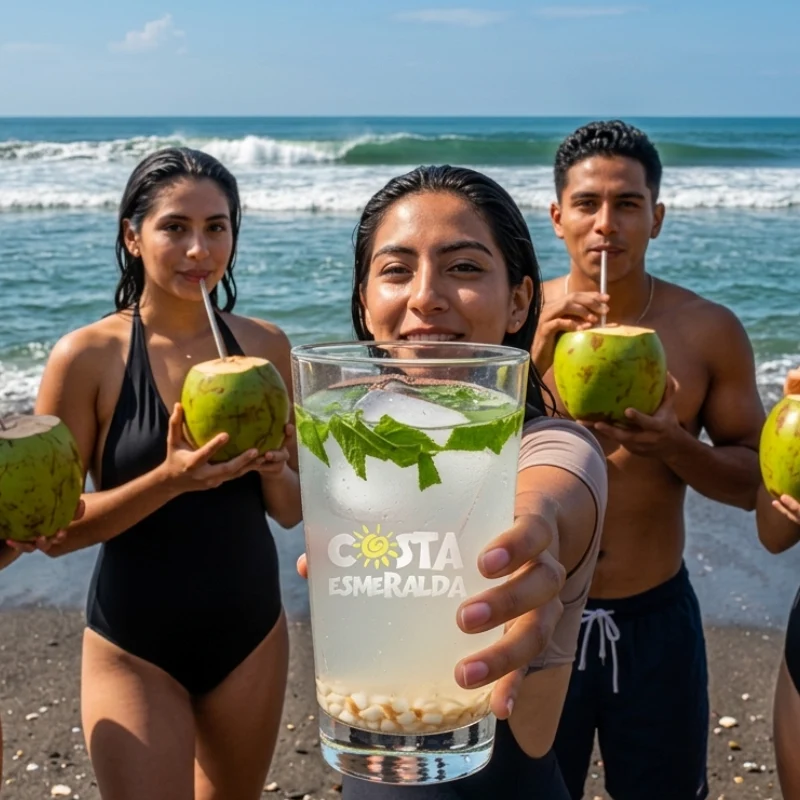 Una joven en primer plano sosteniendo un vaso de Coco Fish con el logo de Costa Esmeralda, acompañada de amigos con cocos naturales en una playa de Veracruz.