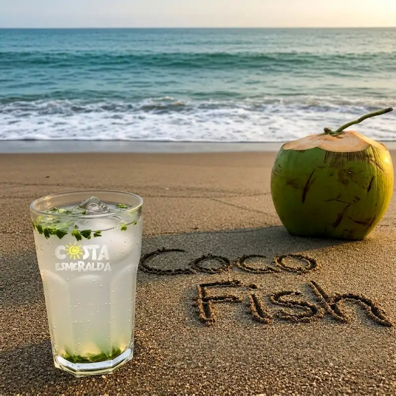 Bebida tradicional Coco Fish en un vaso con hielos y hierbabuena sobre la arena de Costa Esmeralda, Veracruz, con un coco verde al lado y el mar de fondo