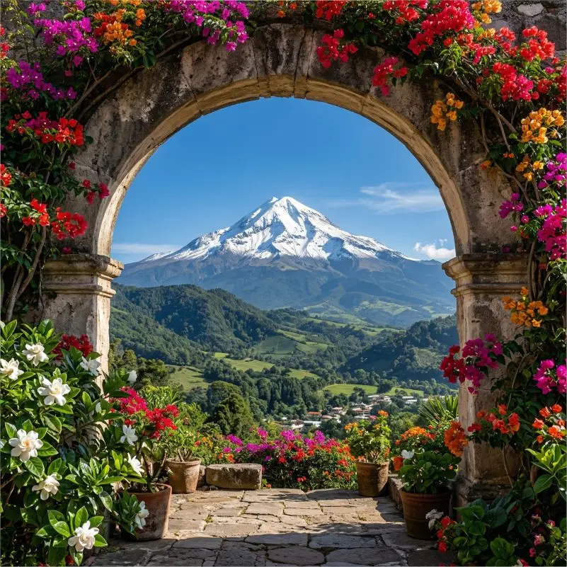 Vista majestuosa del Pico de Orizaba nevado enmarcado por un arco de piedra colonial con flores tropicales coloridas