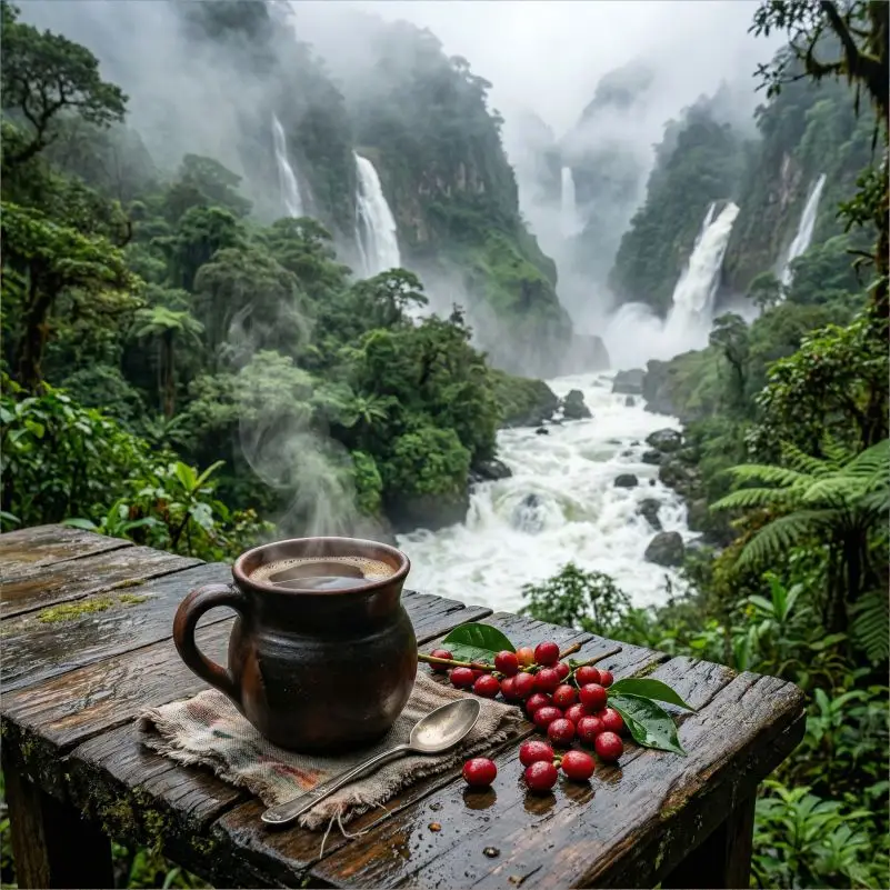 Taza de barro con café caliente y cerezas rojas sobre una mesa rústica frente a un río caudaloso y bosque de niebla