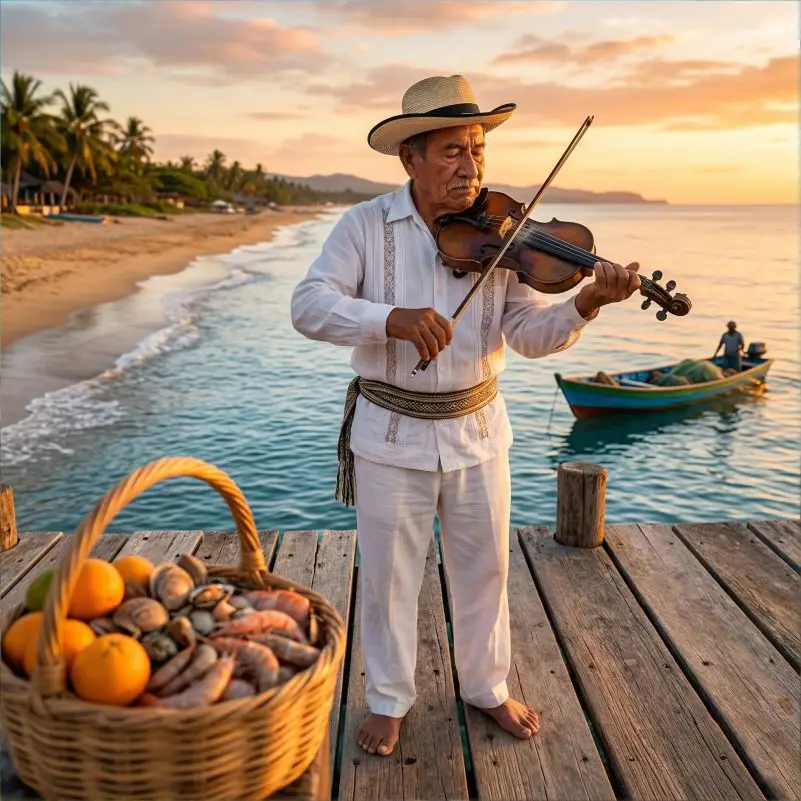 Músico tradicional tocando el violín huasteco en un muelle con canasta de mariscos y naranjas, representando el Alma Huasteca en Veracruz.