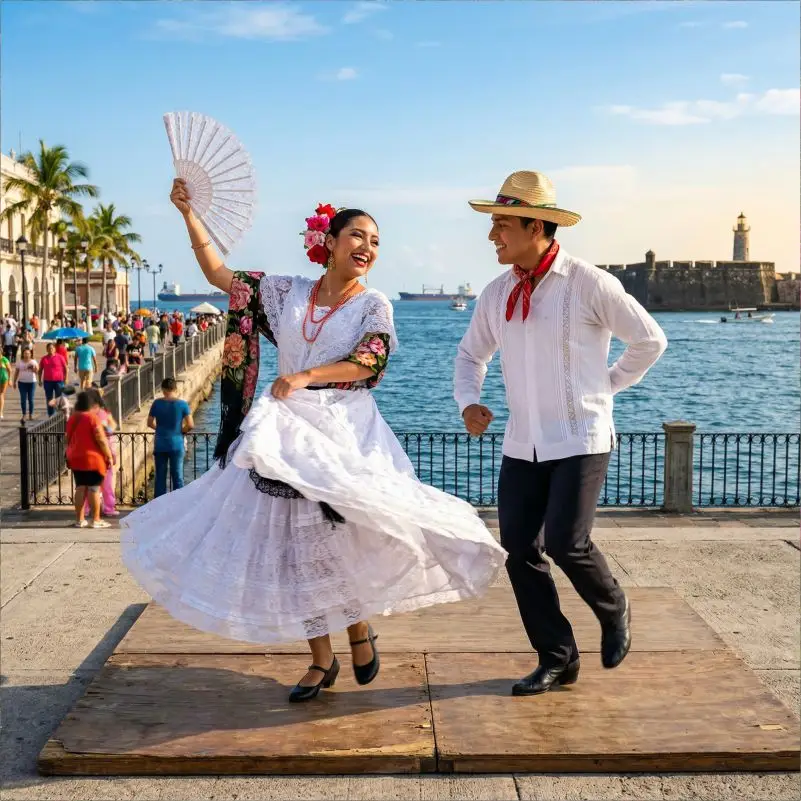 Pareja bailando son jarocho con trajes típicos blancos en el malecón frente al mar y la fortaleza de San Juan de Ulúa