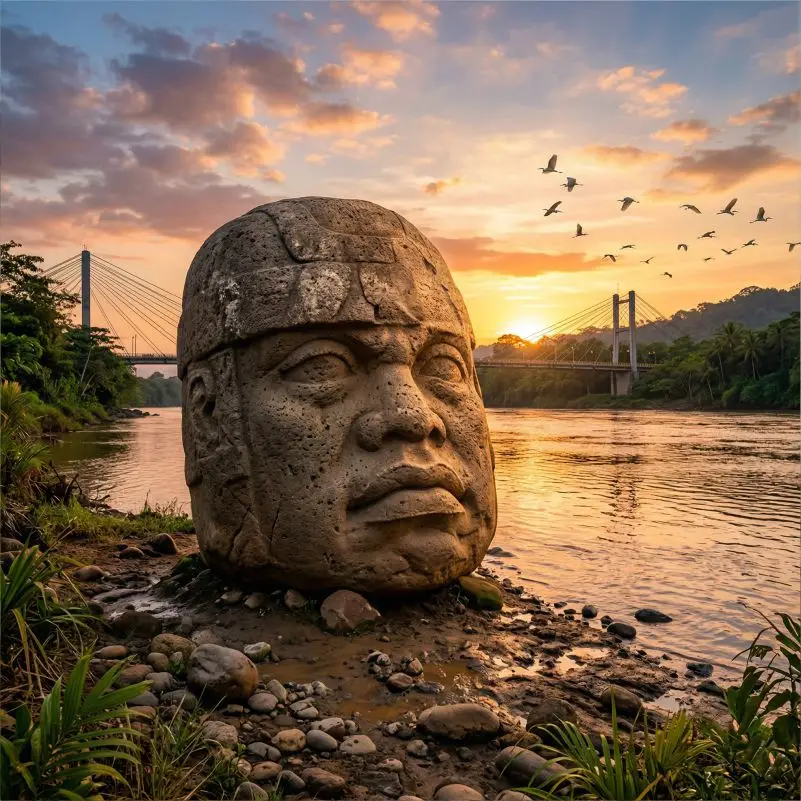 Cabeza Colosal Olmeca de piedra en la orilla de un río al atardecer, representando el origen de la cultura madre en el sur de Veracruz