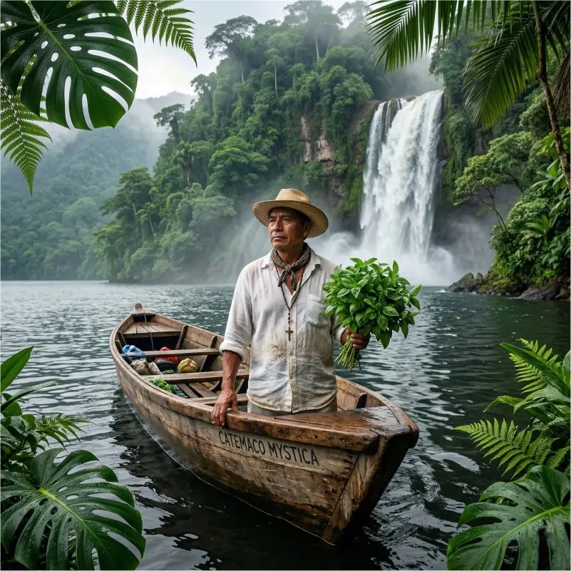 Lanchero tradicional sosteniendo hierbas místicas en una balsa de madera sobre la laguna de Catemaco con una gran cascada y selva al fondo.