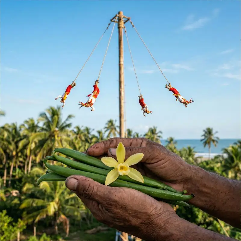 Manos campesinas sosteniendo vainas de vainilla y una flor de orquídea con los Voladores de Papantla descendiendo al fondo