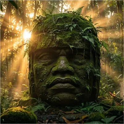 Cabeza Olmeca colosal cubierta de musgo en la selva de Veracruz, iluminada por rayos de sol entre la vegetación tropical.
