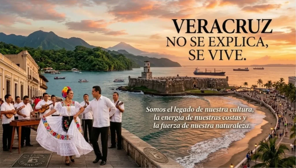 una vibrante escena costera de Veracruz, México, durante un día soleado, capturando su rica mezcla de cultura, historia y naturaleza.