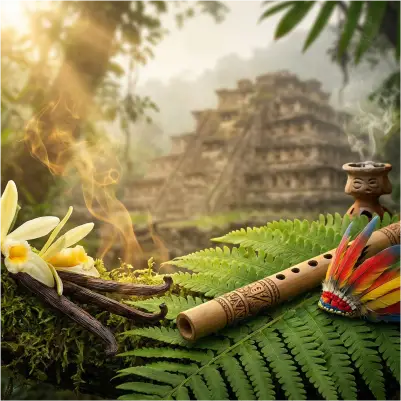 Elementos culturales del Totonacapan: Pirámide de los Nichos, vainilla natural, flauta de carrizo y penacho de Volador de Papantla en Veracruz.