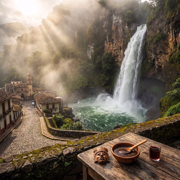 Vista panorámica de la imponente Cascada de Texolo cubierta de niebla junto al Pueblo Mágico de Xico. En primer plano hay una mesa de madera rústica con mole dulce tradicional, licor de mora y una máscara tallada.