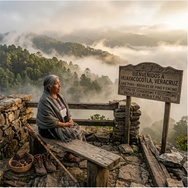 Paisaje forestal con neblina en los bosques de pino de Huayacocotla Veracruz, Sierra Madre.