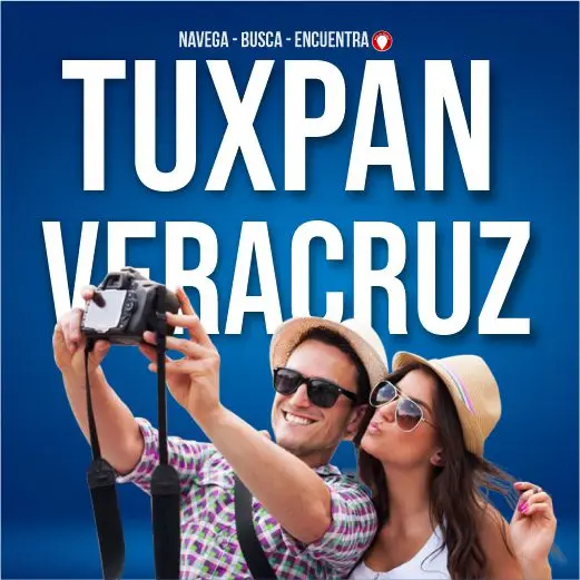 Pareja de turistas tomando una fotografía, gráfico promocional de la guía turística de Tuxpan, Veracruz.
