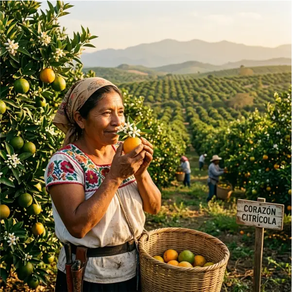 Mano cosechando naranja fresca en huerto de Álamo Temapache Veracruz, capital de los cítricos.