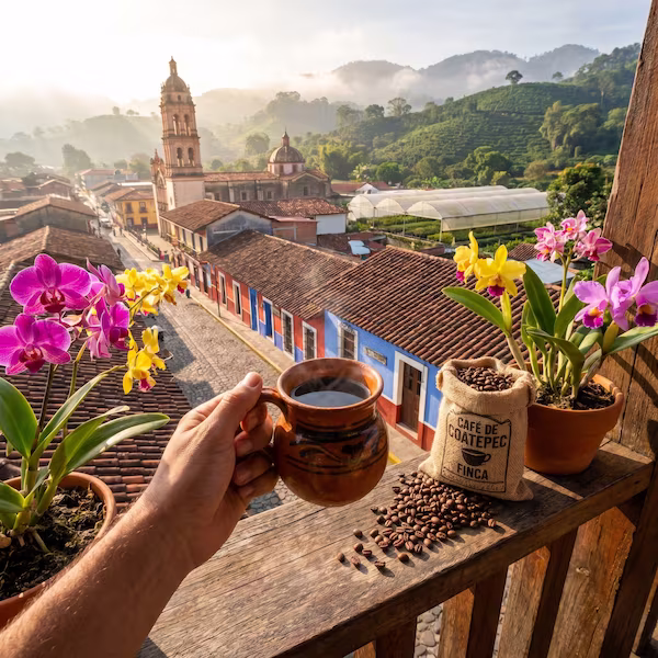 Taza de café artesanal humeante y macetas con orquídeas en un balcón de madera, con vista a las calles coloniales, la iglesia y las fincas cafetaleras de Coatepec, Veracruz.