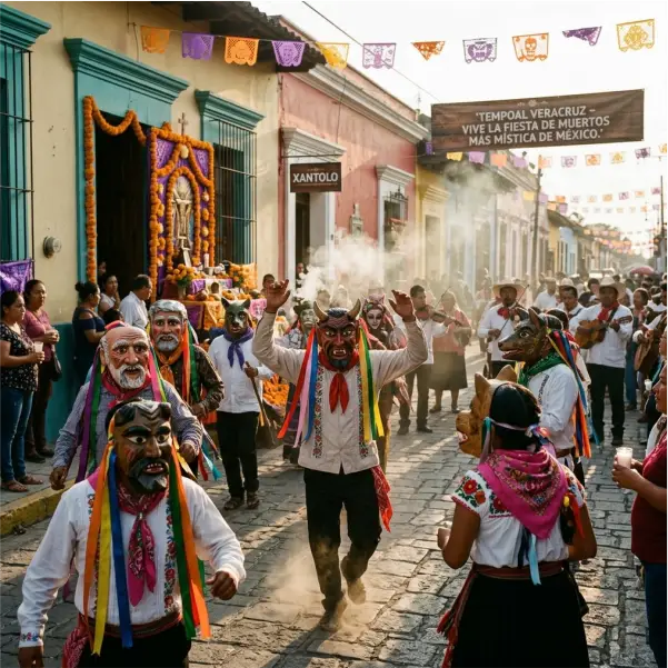 Danzantes con máscaras de madera tradicionales en las calles de Tempoal Veracruz durante el Xantolo