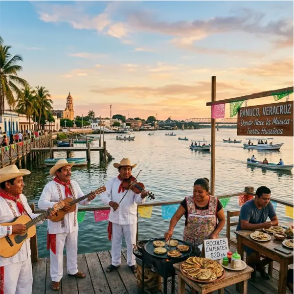 Músicos de huapango y venta de bocoles tradicionales en el malecón de Pánuco Veracruz al atardecer