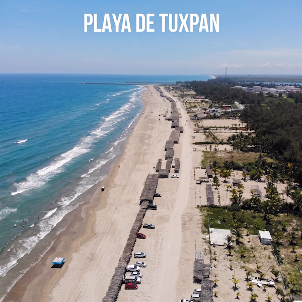 Vista aérea de la Playa de Tuxpan, Veracruz, mostrando la larga fila de palapas tradicionales, la zona de estacionamiento en la arena y el mar azul