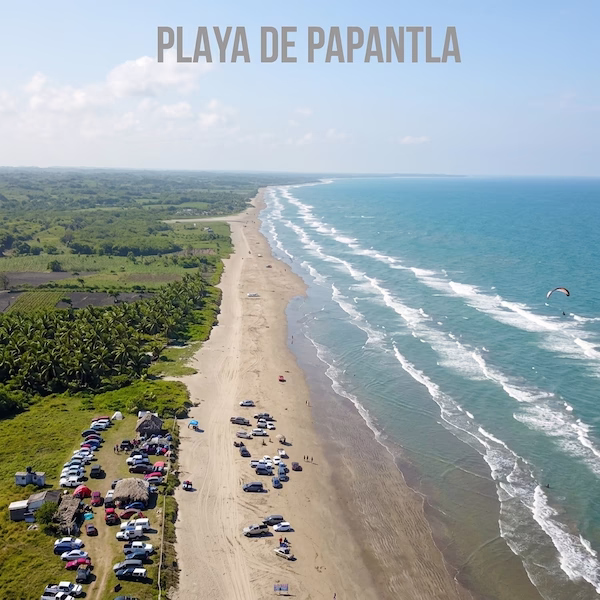 Vista aérea de Rancho Playa en Papantla, Veracruz, mostrando la zona de campamento, palmeras y la extensa orilla del mar con vehículos estacionados.