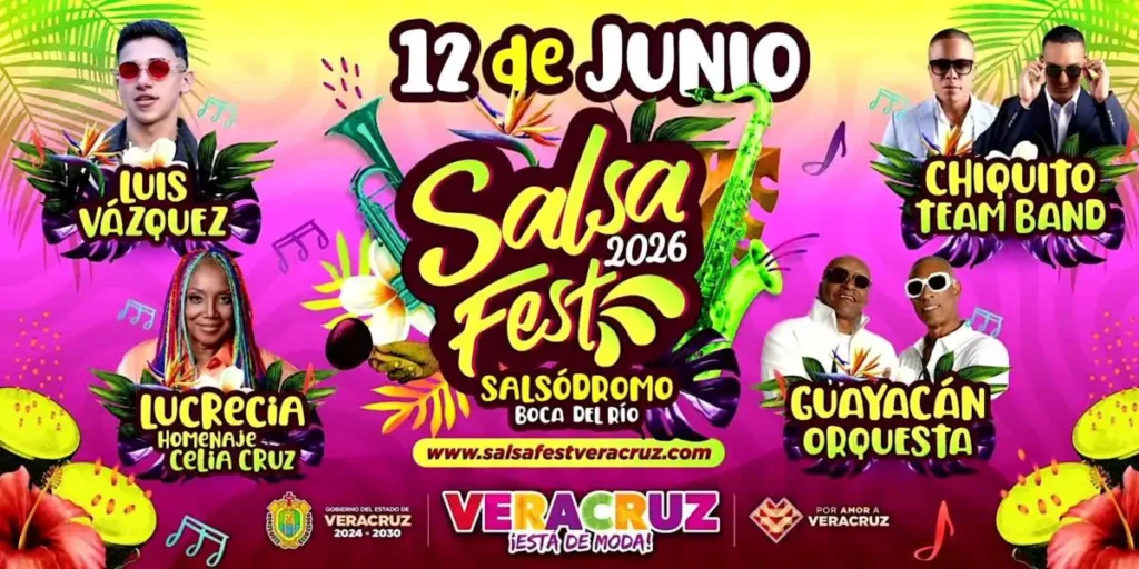 Cartel oficial del Salsa Fest 2026 en Boca del Río, Veracruz, con Luis Vázquez, Lucrecia, Chiquito Team Band y Guayacán Orquesta el 12 de junio.