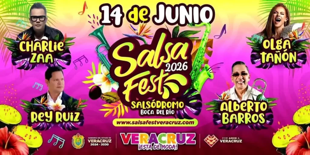 Cartelera del 14 de junio del Salsa Fest 2026 en Veracruz, con las actuaciones de Olga Tañón, Charlie Zaa, Rey Ruiz y Alberto Barros en Boca del Río.