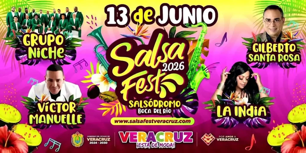 Cartelera del 13 de junio para el Salsa Fest 2026 en Boca del Río, Veracruz, con Gilberto Santa Rosa, Grupo Niche, Víctor Manuelle y La India.