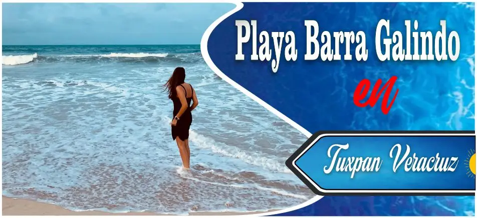 Banner turístico de Playa Barra Galindo en Tuxpan Veracruz, mostrando a una mujer disfrutando de una caminata tranquila por la orilla del mar sin multitudes.