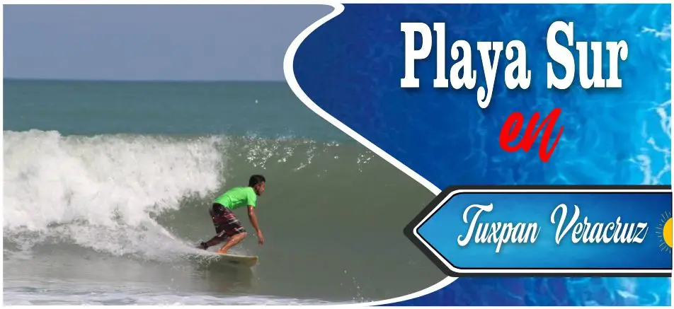 Banner turístico de Playa Sur en Tuxpan Veracruz, mostrando a un surfista en acción montando una ola en el mar.