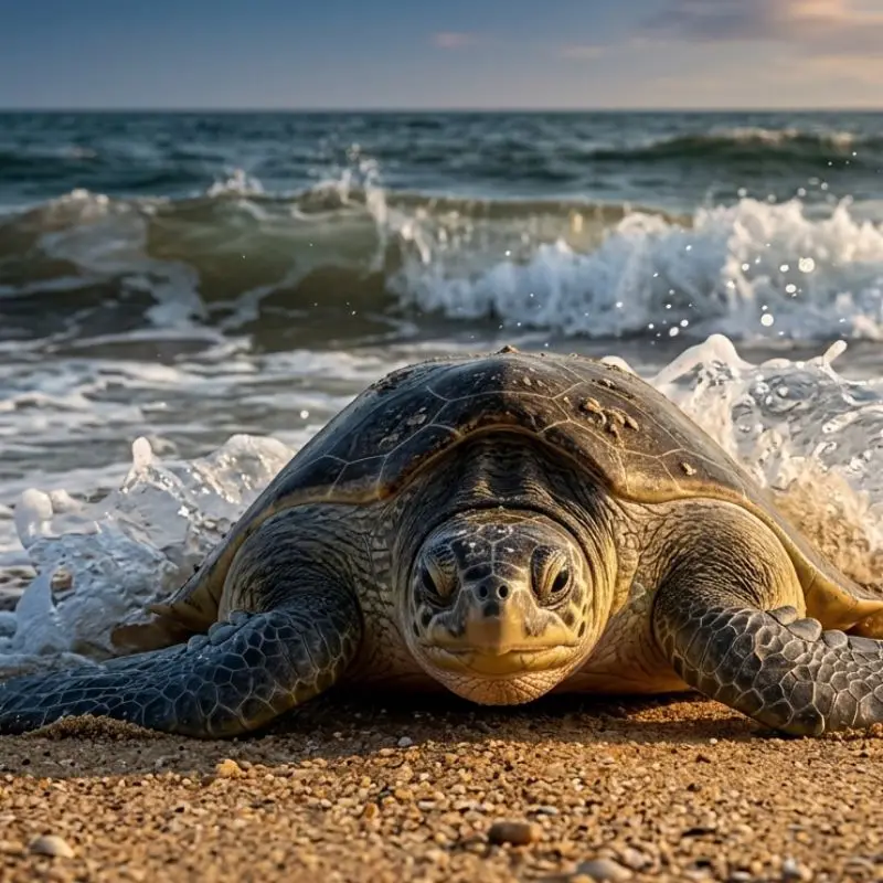 tortuga marina lora saliendo del mar hacia la arena de la playa en Tuxpan, Veracruz, con olas rompiendo y generando espuma a su alrededor durante la temporada de desove.
