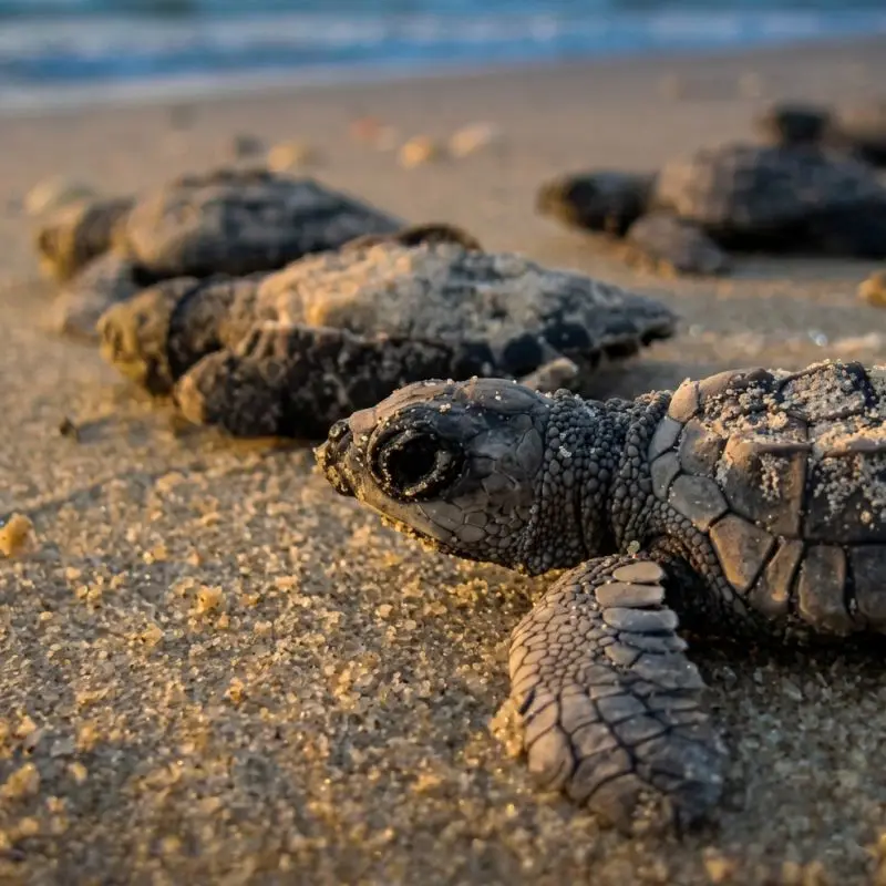 una pequeña cría de tortuga marina lora con granos de arena en su piel, liderando a un grupo de crías que avanzan por la playa hacia el mar durante un atardecer en Tuxpan, Veracruz.