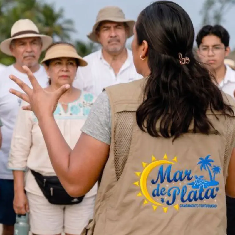 Guía del Campamento Tortuguero Mar de Plata de espaldas portando un chaleco con el logotipo oficial, mientras gesticula explicando las reglas de conservación a un grupo de turistas con sombreros en Tuxpan, Veracruz.