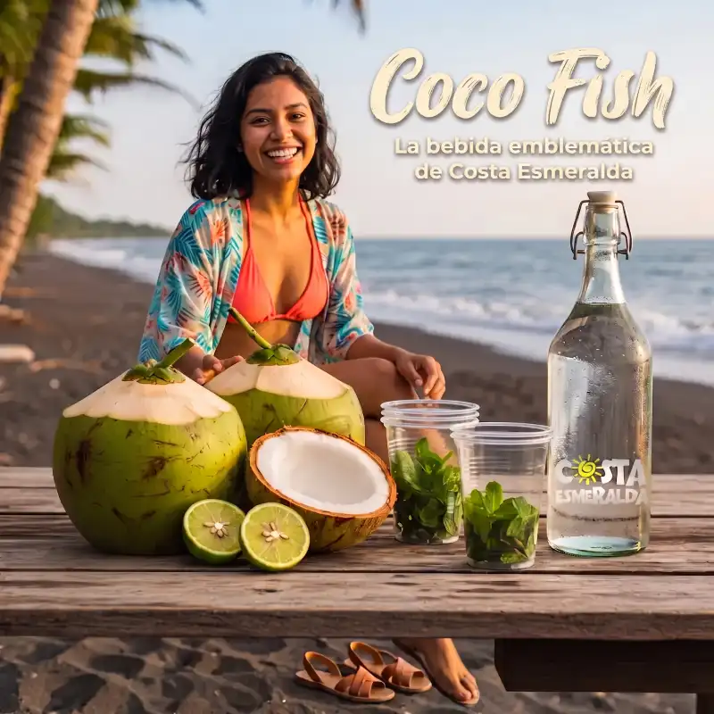 Ingredientes del Coco Fish, la bebida típica de Costa Esmeralda Veracruz, preparados en la playa con cocos verdes, hierbabuena y limones.