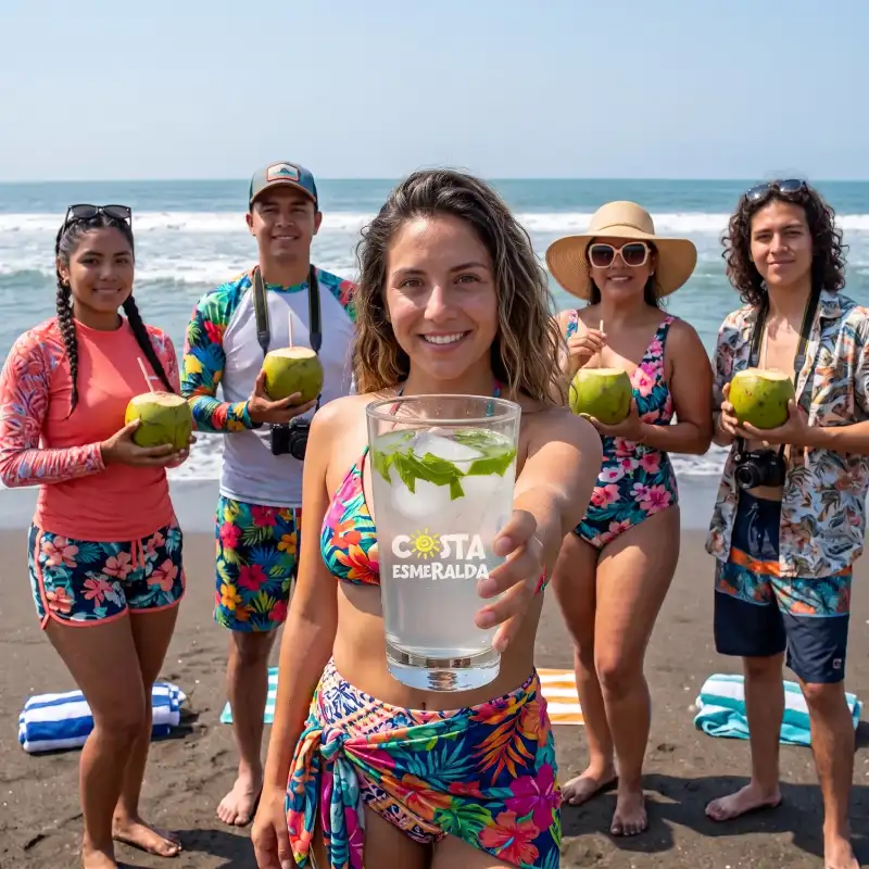 Grupo de amigos en una playa de Costa Esmeralda Veracruz sosteniendo un vaso de la bebida típica Coco Fish y cocos naturales frente al mar.