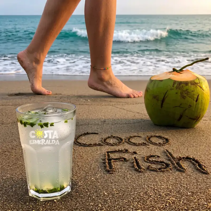 n vaso de Coco Fish con hielo y hierbabuena junto a un coco verde fresco en la arena de Costa Esmeralda, Veracruz, con el nombre de la bebida escrito en la playa y olas al fondo.