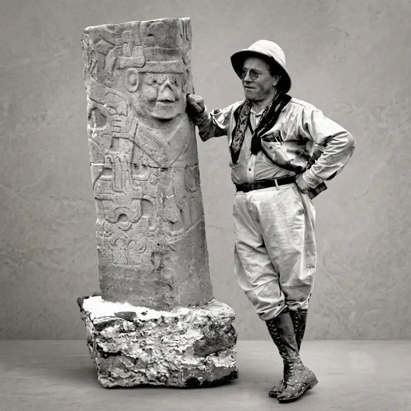 Fotografía histórica en blanco y negro de un arqueólogo de campo junto a una estela de piedra labrada, representando la crónica del bautizo del Coco Fish en Veracruz.