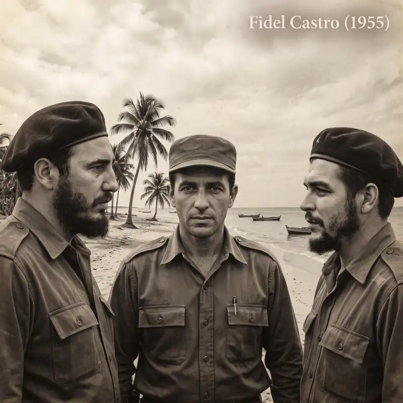 Representación histórica en sepia de Fidel Castro y revolucionarios en una playa con palmeras de Costa Esmeralda, Veracruz, en 1955, vinculada al mito del Coco Fish.