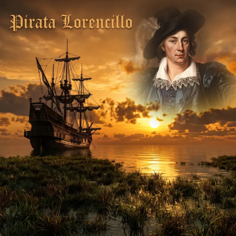 Ilustración del Pirata Lorencillo con un antiguo barco pirata frente a la costa veracruzana al atardecer, representando la leyenda del origen del Coco Fish en Costa Esmeralda.