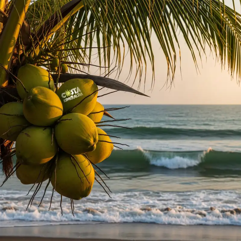 Palma de coco con un gran racimo de cocos verdes frente a las olas del mar de Costa Esmeralda Veracruz, ilustrando los cocotales donde nació la historia del Coco Fish