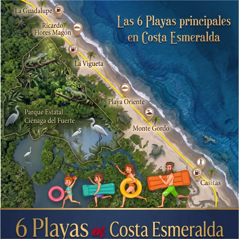 Mapa interactivo de Costa Esmeralda, Veracruz, mostrando las 6 playas principales (La Guadalupe, Ricardo Flores Magón, La Vigueta, Playa Oriente, Monte Gordo, Casitas), el Parque Estatal Ciénaga del Fuerte y la ruta para llegar. Incluye iconos de servicios (gasolina, faro) y fauna local.