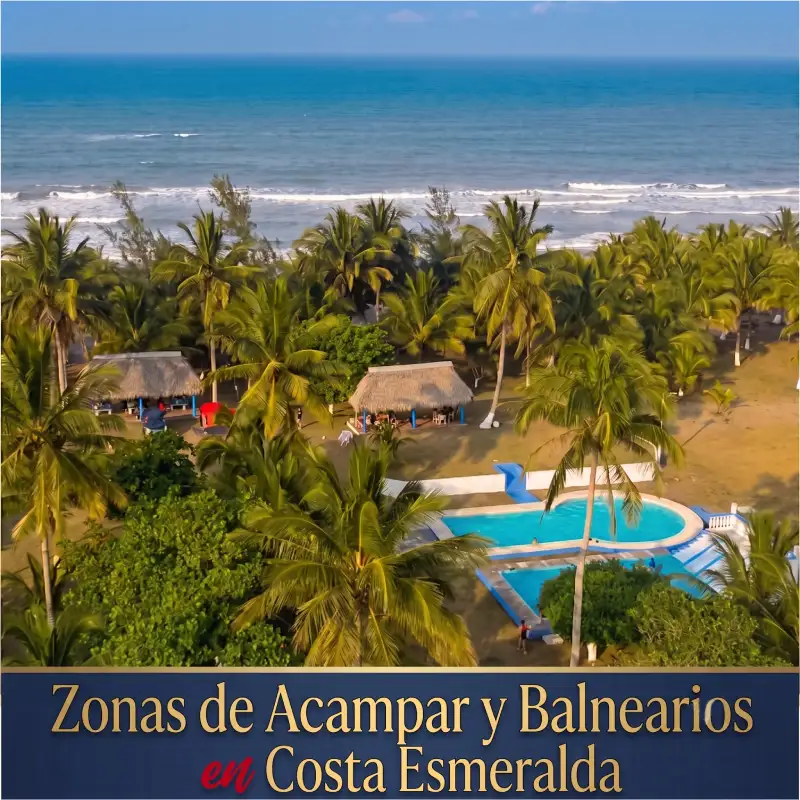ista aérea de una zona de acampar y balneario con albercas frente al mar en Costa Esmeralda, Veracruz, rodeado de palmeras.