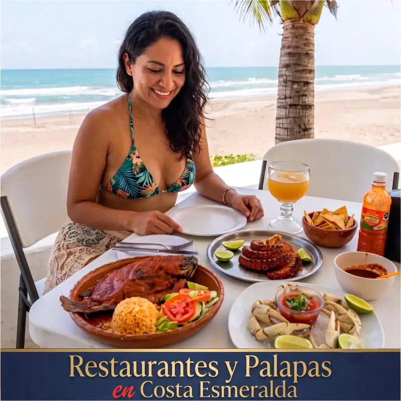 Mujer disfrutando de una comida de mariscos frescos, incluyendo pescado a la veracruzana y pulpo, en un restaurante frente al mar en Costa Esmeralda, Veracruz.