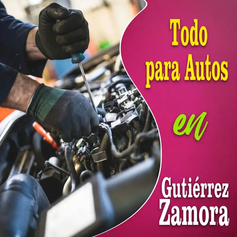 Manos de un mecánico con guantes usando un destornillador en el motor de un coche. Texto integrado: Todo para Autos en Gutiérrez Zamora.