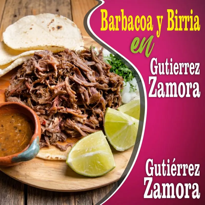 Plato de madera con carne deshebrada de barbacoa o birria, acompañado de tortillas de maíz, limones y salsa, representando dónde comer en Gutiérrez Zamora, Veracruz.