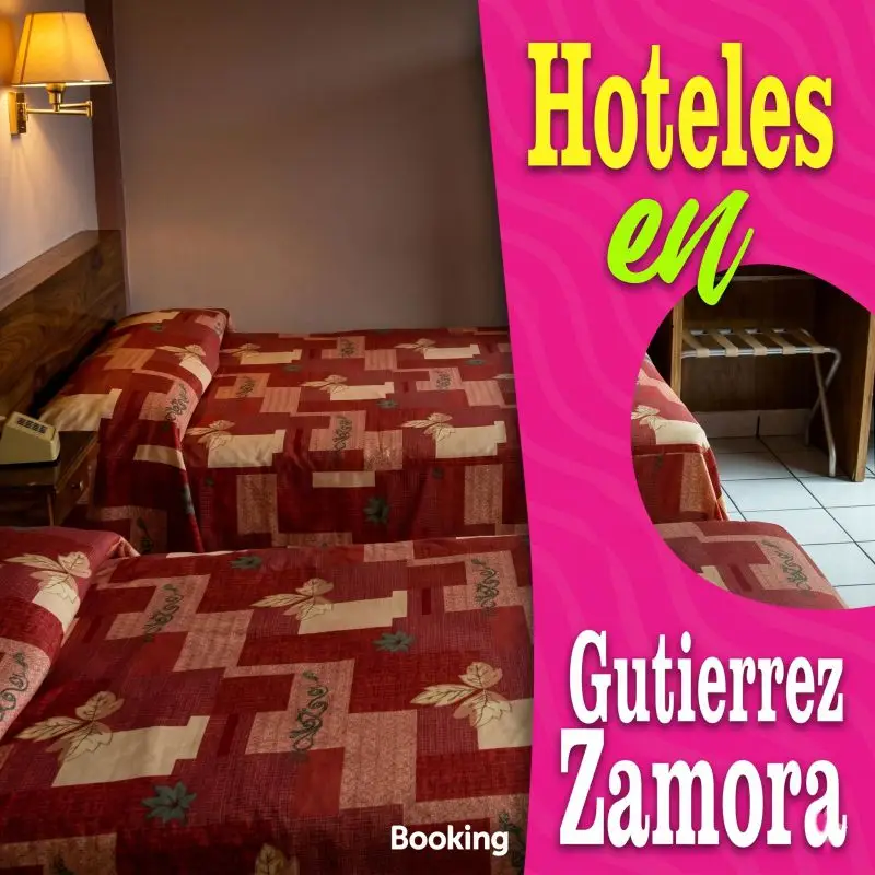 Habitación de hotel con dos camas y colchas rojas estampadas. Texto integrado: Hoteles en Gutiérrez Zamora.