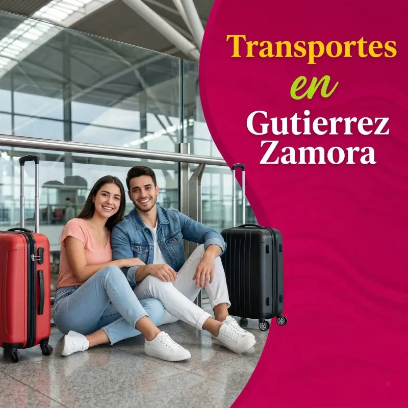 Pareja joven sonriendo sentada junto a sus maletas de viaje en una terminal. Texto integrado: Transportes en Gutiérrez Zamora.