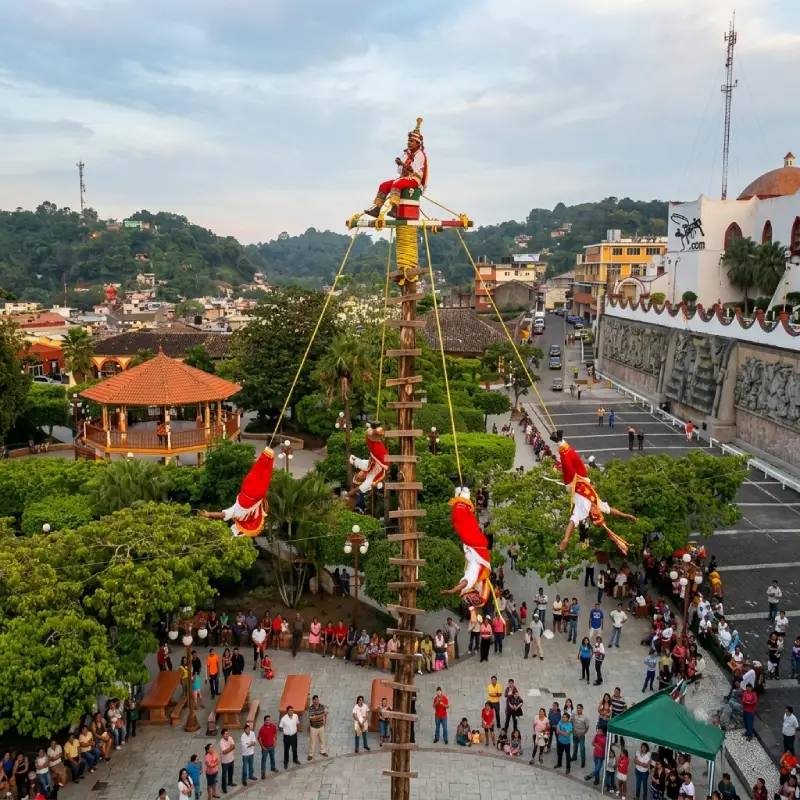 Voladores de Papantla Veracruz realizando el ritual místico suspendidos en el aire en la plaza central del Pueblo Mágico.