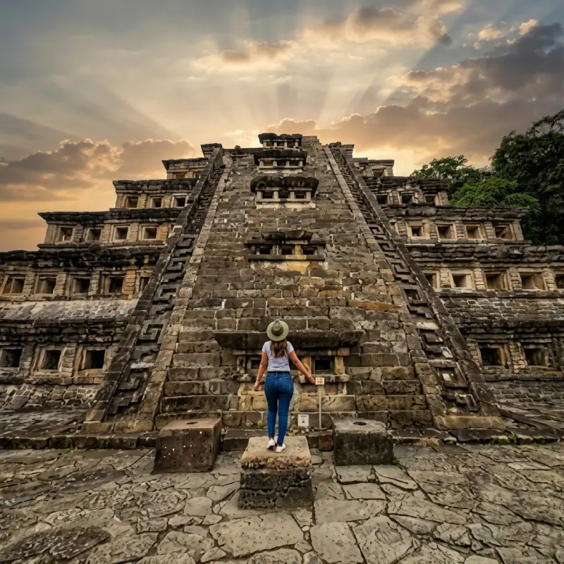 Turista contemplando la Pirámide de los Nichos en la zona arqueológica de El Tajín, Papantla Veracruz, durante el atardecer.