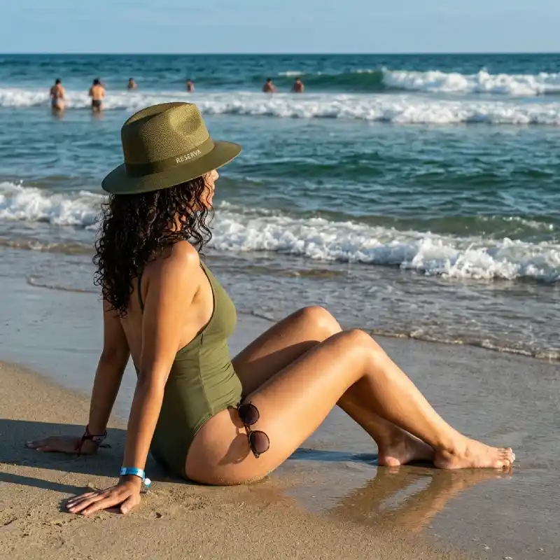 Turista con sombrero sentada en la arena de Rancho Playa en Papantla, Veracruz, mirando el mar.