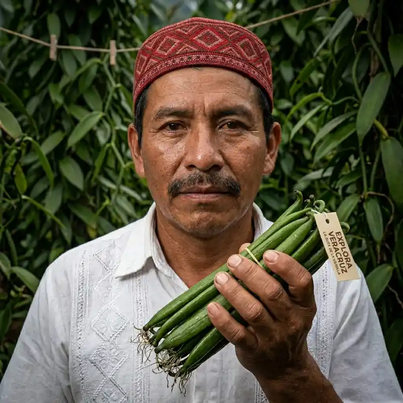Productor de Papantla sosteniendo vainas de vainilla verde frente a un plantío en Veracruz, México.