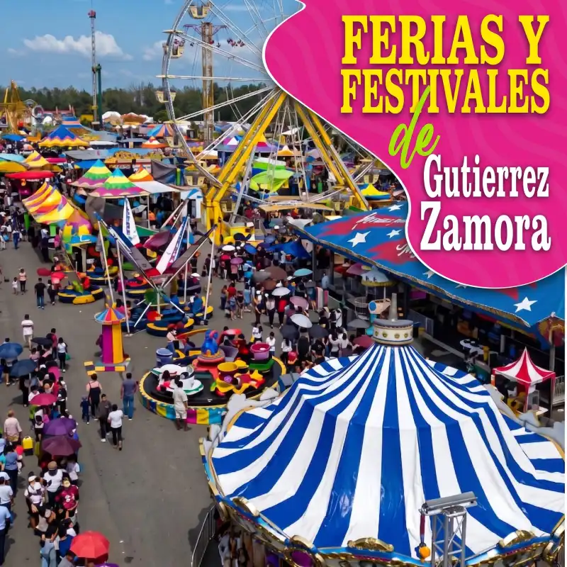 Vista aérea de una feria tradicional con juegos mecánicos, carrusel y rueda de la fortuna. Texto integrado: Ferias y Festivales de Gutiérrez Zamora.