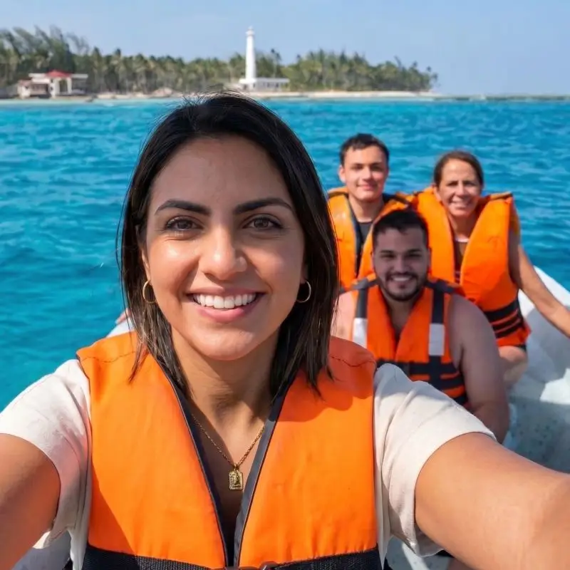 Turistas felices con chalecos salvavidas en un paseo en lancha hacia la Isla de Lobos, con aguas cristalinas y el faro al fondo en Tamiahua, Veracruz.