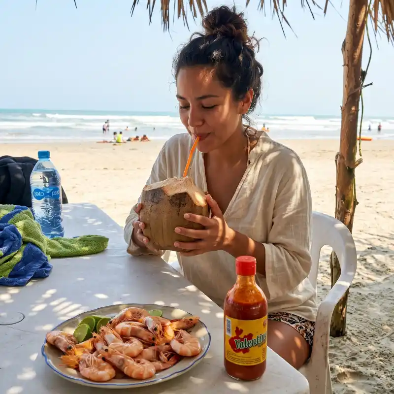 Turista tomando agua de un coco fresco en una palapa de la playa de Tamiahua Veracruz, con un plato de camarones y salsa en la mesa.
